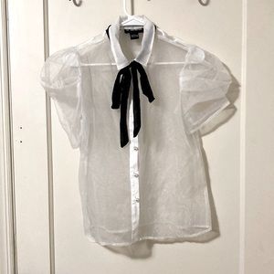 Sheer Blouse with Pearl Buttons and Black Neck Tie!